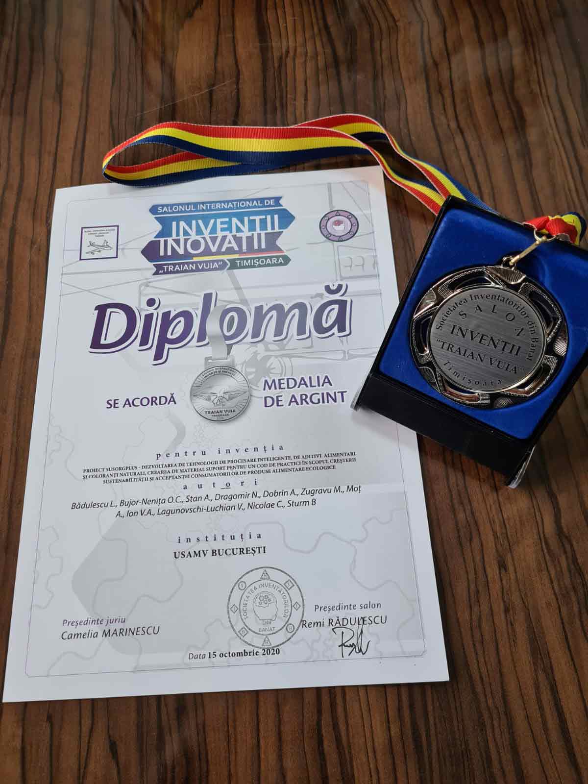 Diploma medalie Argint proiect SusOrgPlus Traian Vuia Timisoara