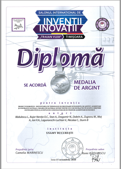 Diploma medalie Argint proiect SusOrgPlus Traian Vuia Timisoara
