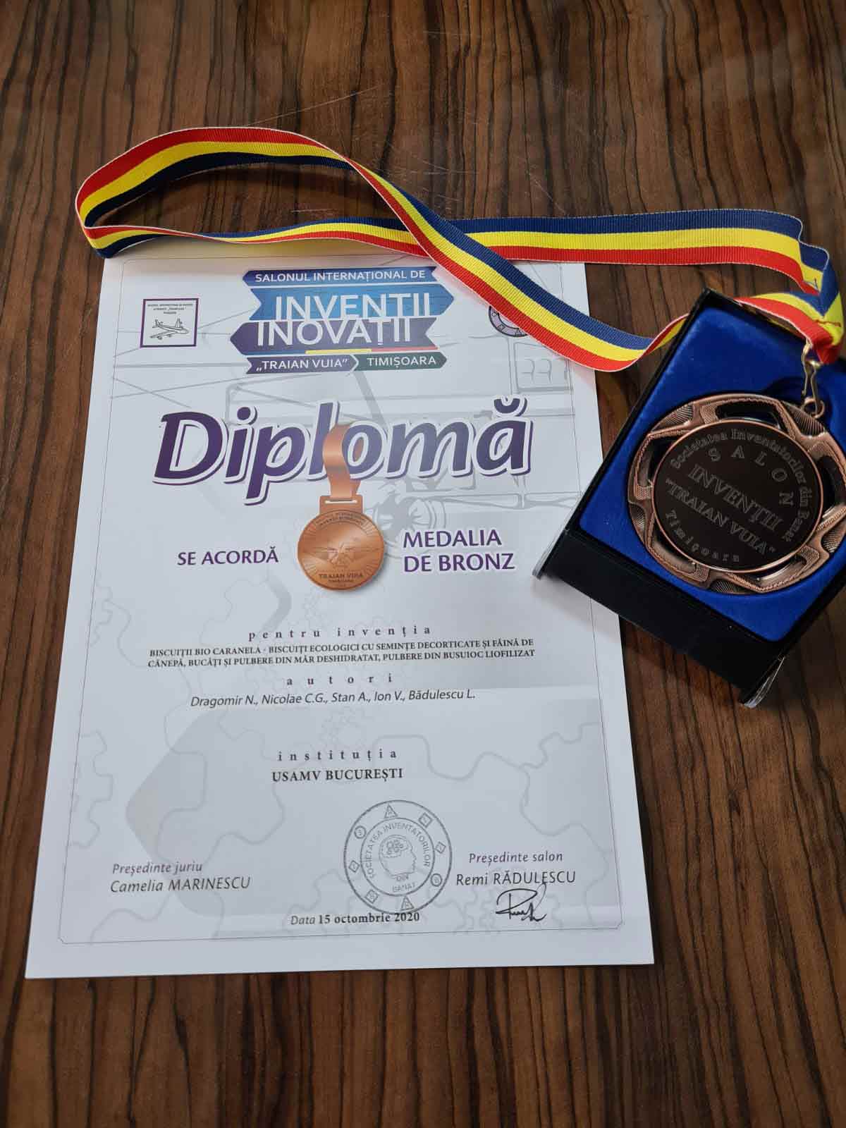 Diploma medalie Bronz Biscuiti Bio Caranela SusOrgPlus Traian Vuia Timisoara