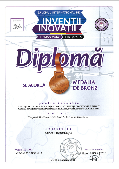 Diploma medalie Bronz Biscuiti Bio Caranela SusOrgPlus Traian Vuia Timisoara