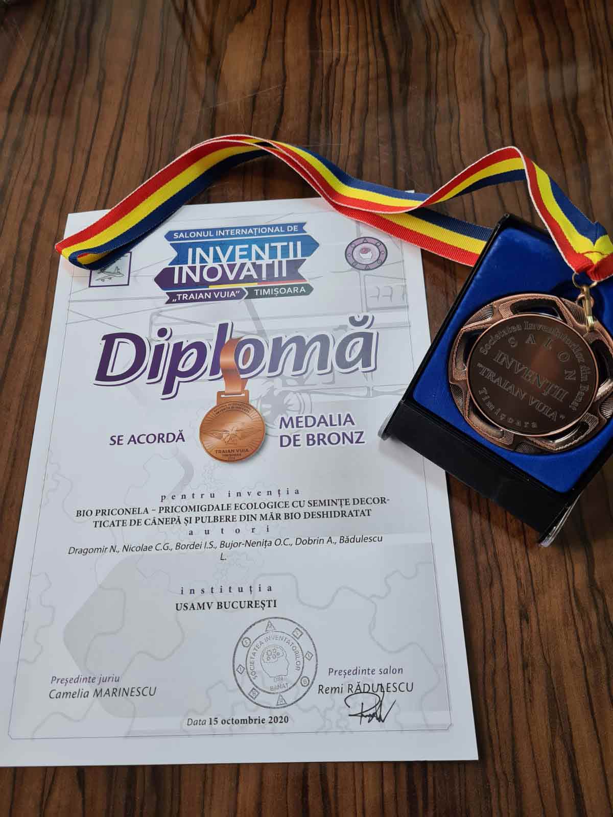 Diploma medalie Bronz Procomigdale Bio Priconela SusOrgPlus Traian Vuia Timisoara