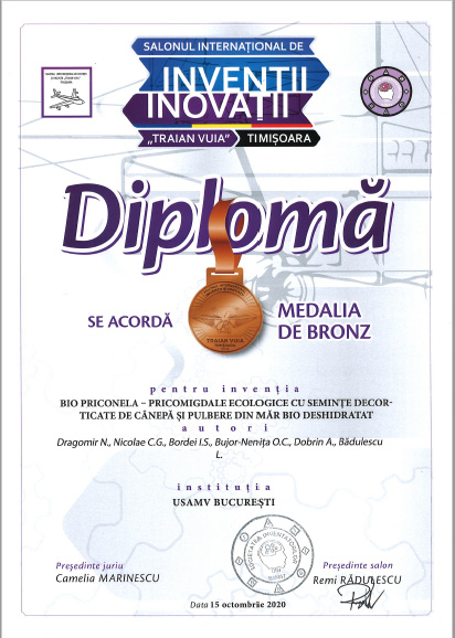 Diploma medalie Bronz Procomigdale Bio Priconela SusOrgPlus Traian Vuia Timisoara