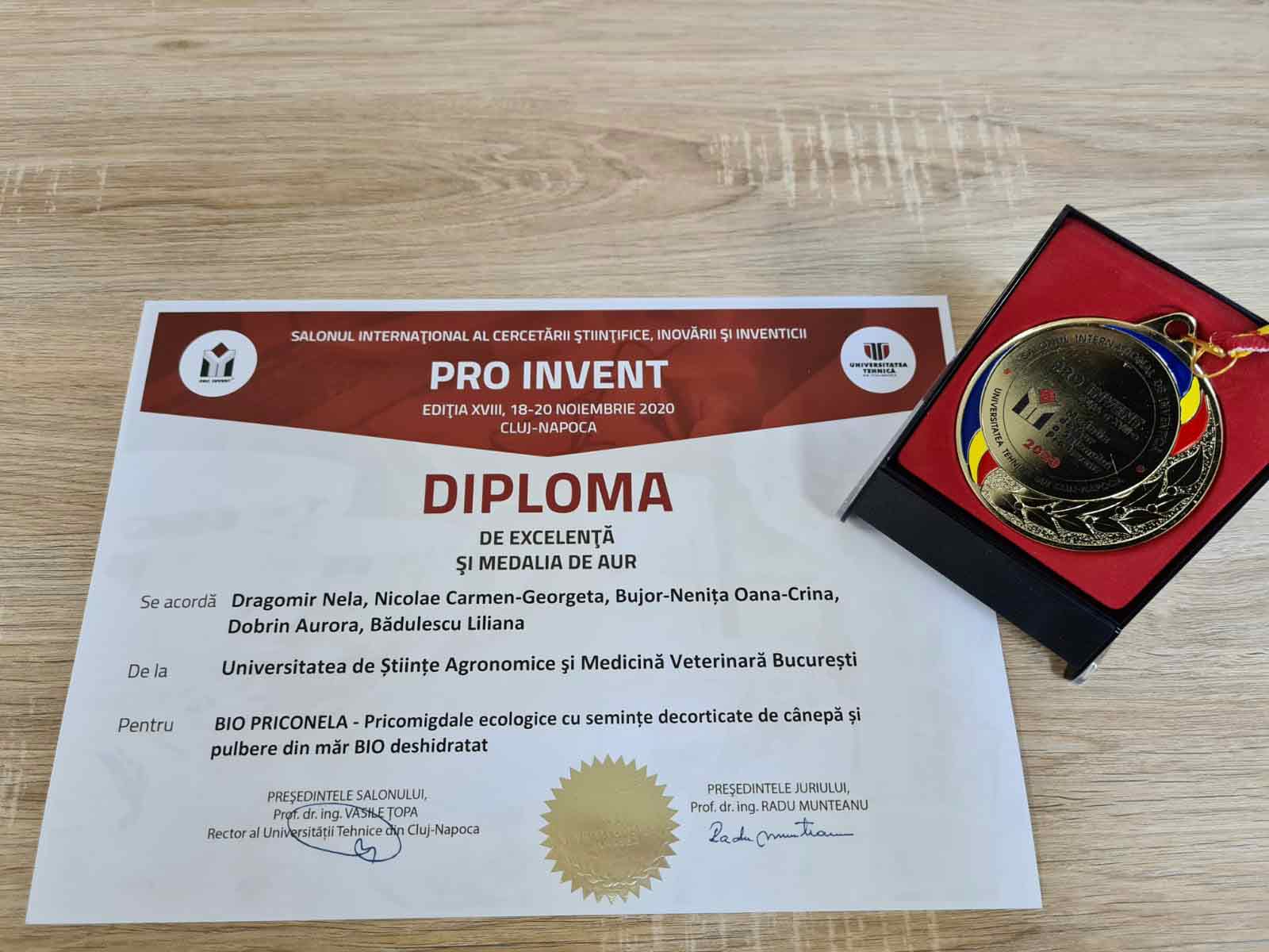 Diploma de excelenta si medalie de aur Pricomigdale BIO Priconela